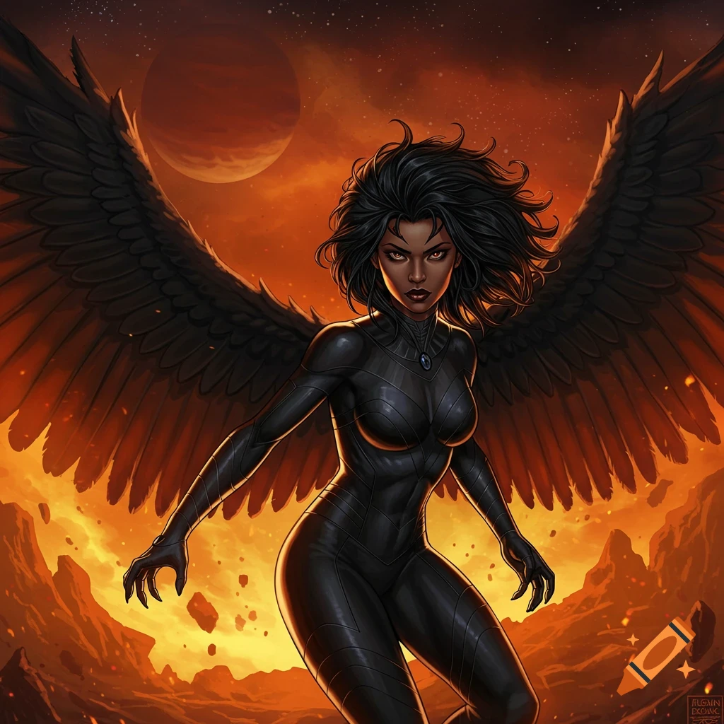 A woman with black wings and a black suit stands in a fiery landscape
