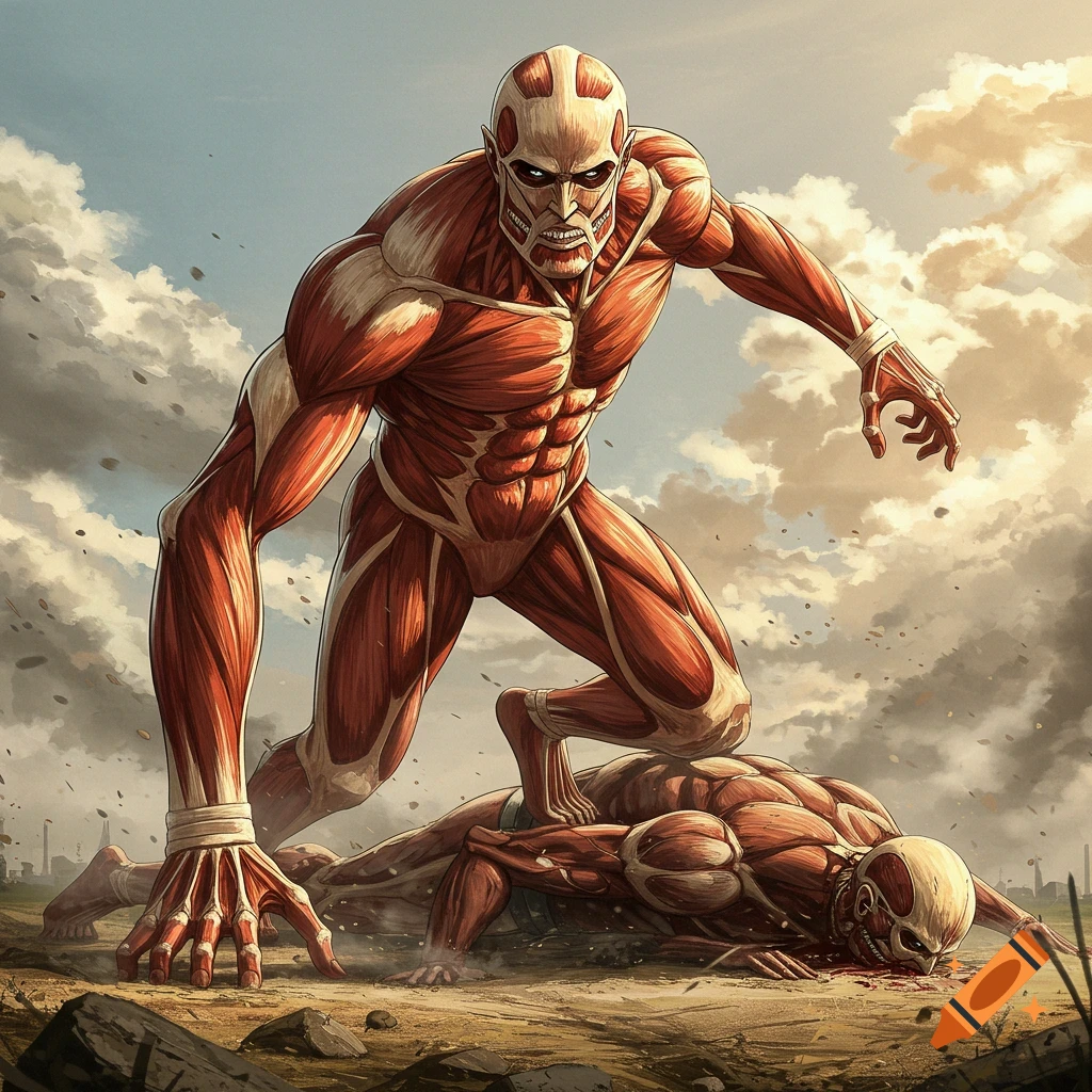 Large anime-style humanoid Titan stands over a fallen Titan in a barren landscape under cloudy skies.