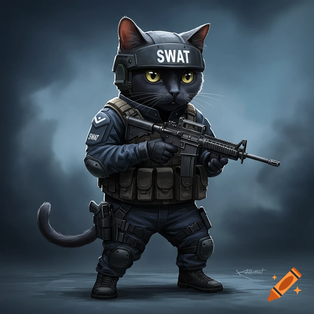 A black cat in SWAT gear holding a rifle.