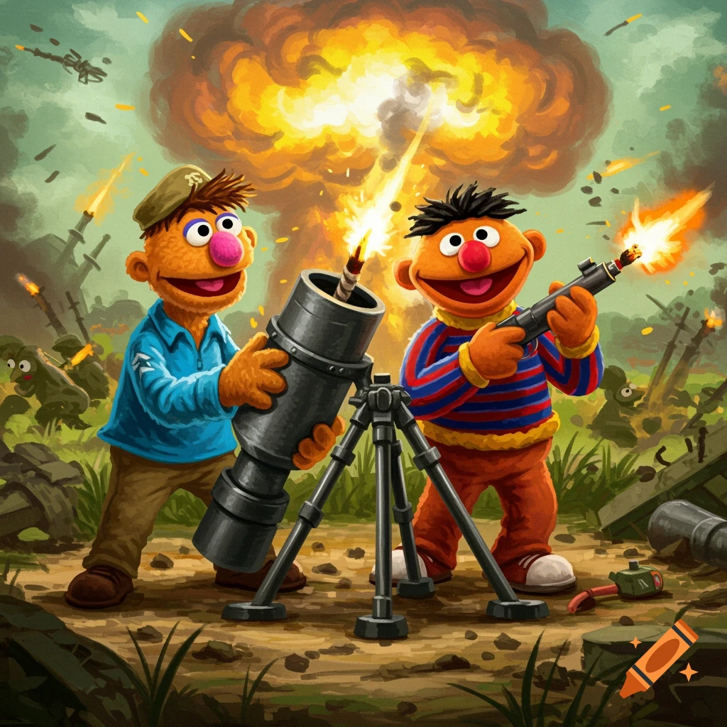 Cartoon image of Bert and Ernie firing a mortar and rifle in a chaotic, stylized battlefield with an explosion.