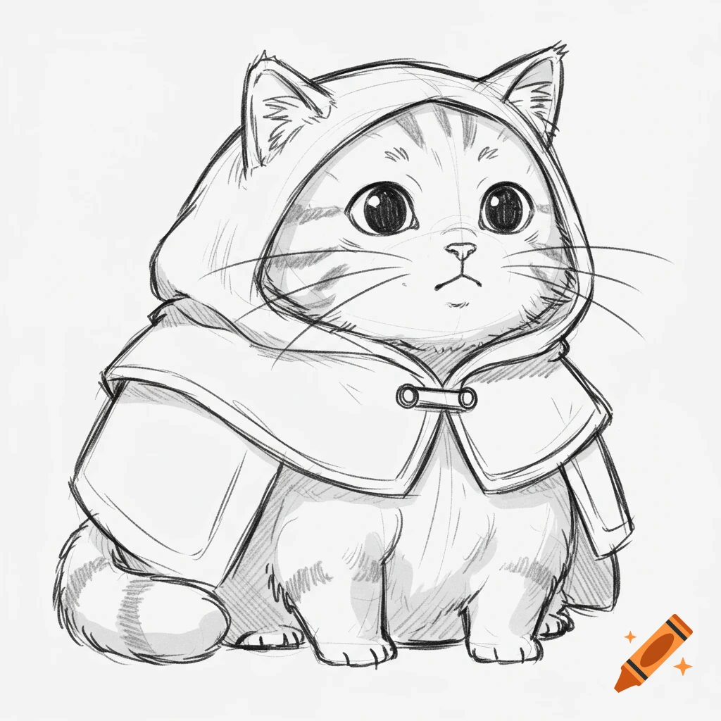 Pencil sketch of a chubby cat wearing a hooded cape.