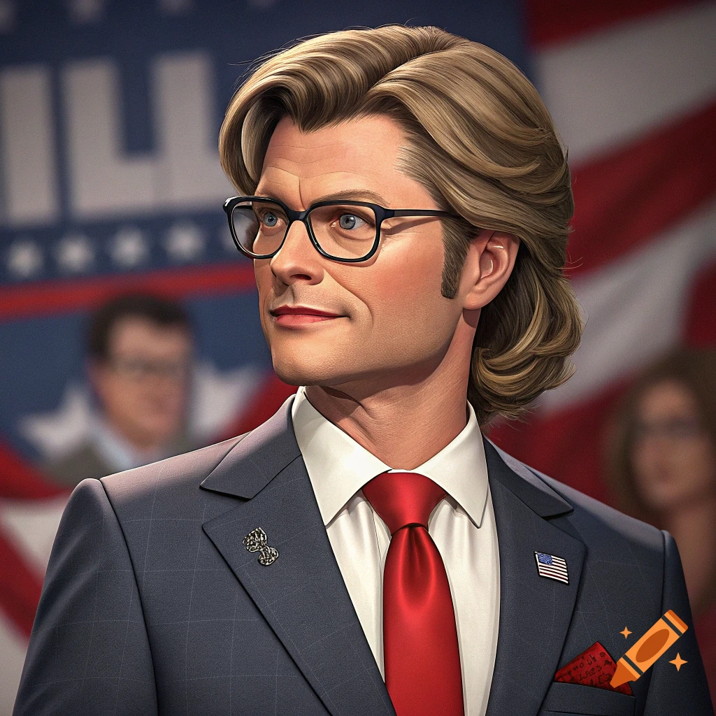 Photorealistic portrait of a person in a suit and glasses standing in front of an American flag.