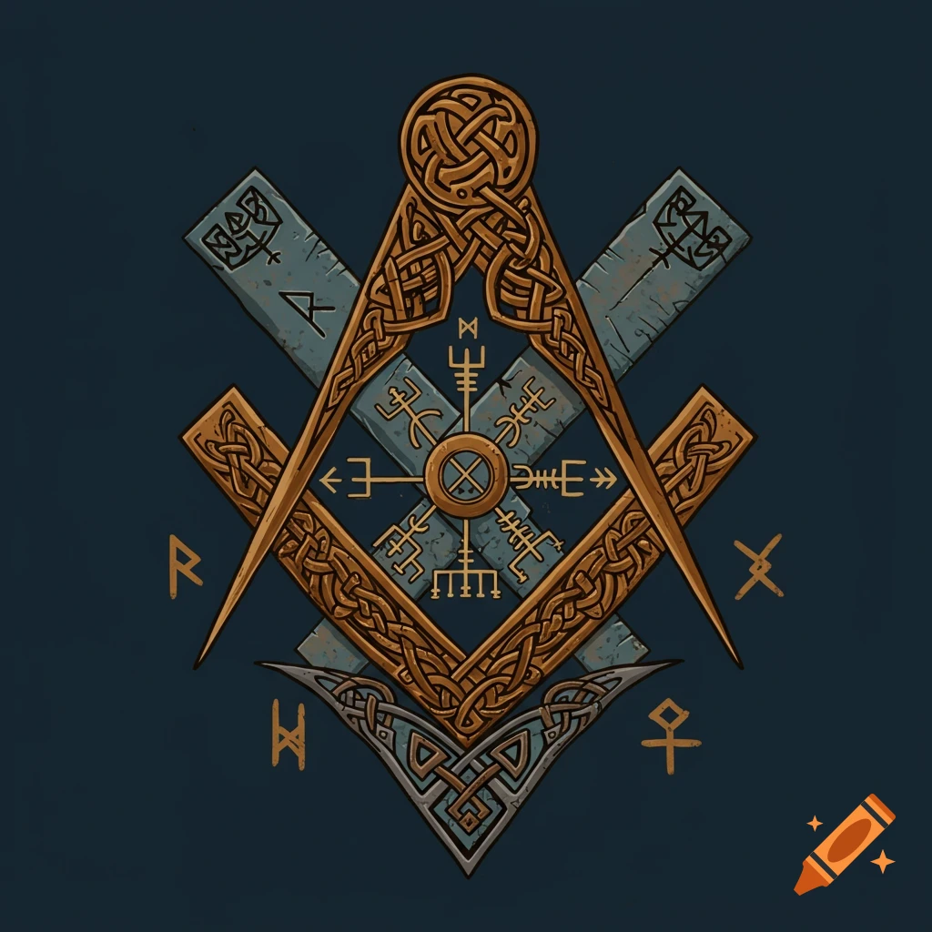 Masonic square and compass symbol decorated with Viking/Celtic knotwork and runes