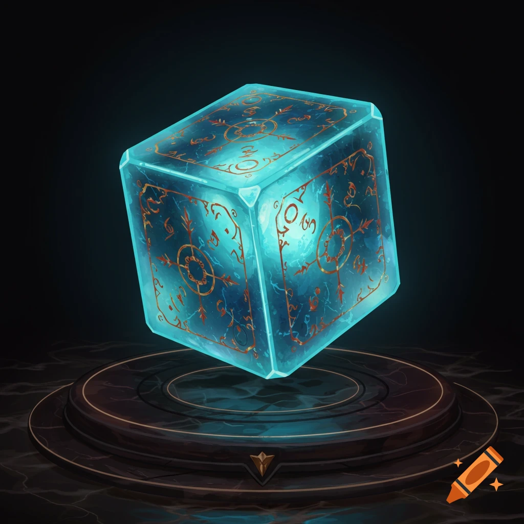 A glowing blue crystal cube with gold symbols floats over a dark circular platform.