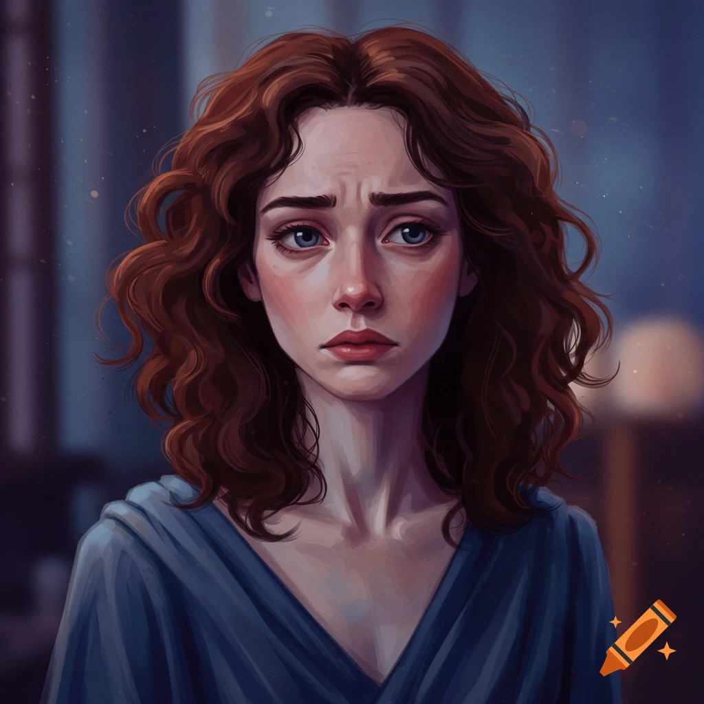 A woman with red hair and a worried, uncertain expression.
