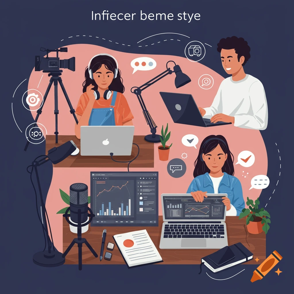 Illustration of three people working on laptops, filming camera, and microphone with charts on screens.