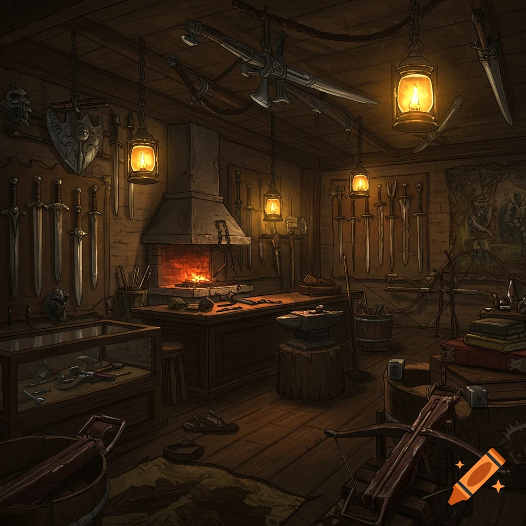 A detailed image of a fantasy weapon shop interior with a lit forge, swords on walls, lanterns, and an anvil.