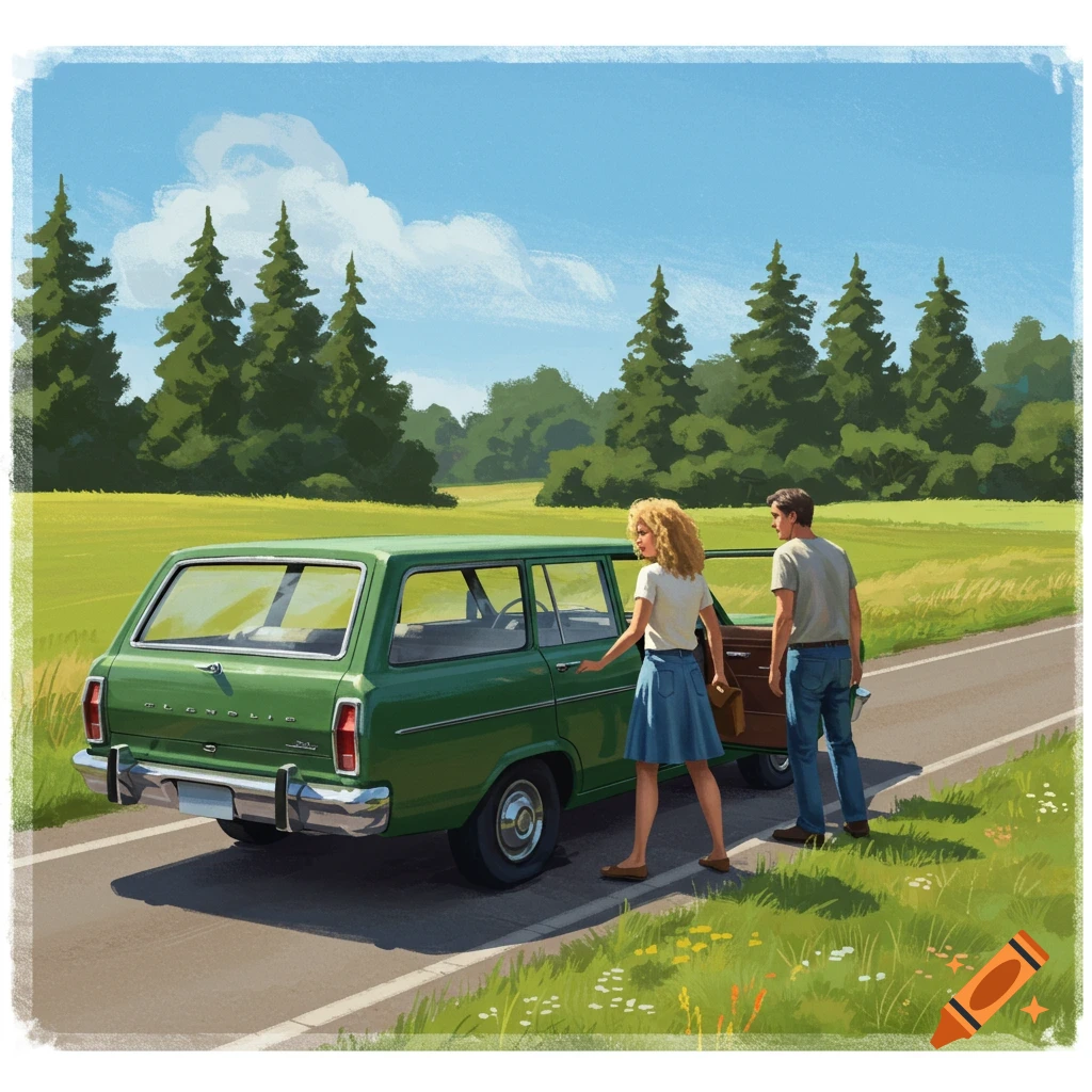 A couple stands by a green station wagon on the side of a road, with trees and fields.