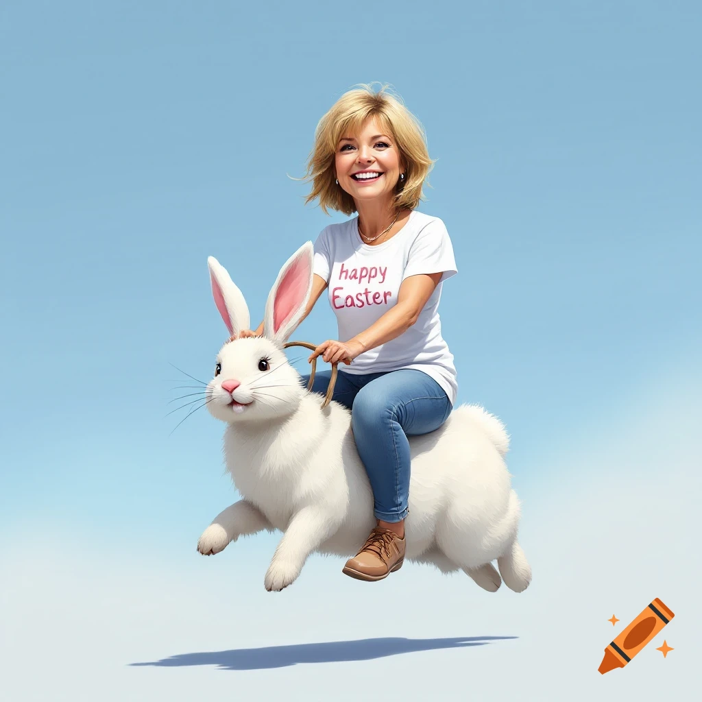 Woman in Happy Easter shirt riding a large white bunny in the air against a blue sky.