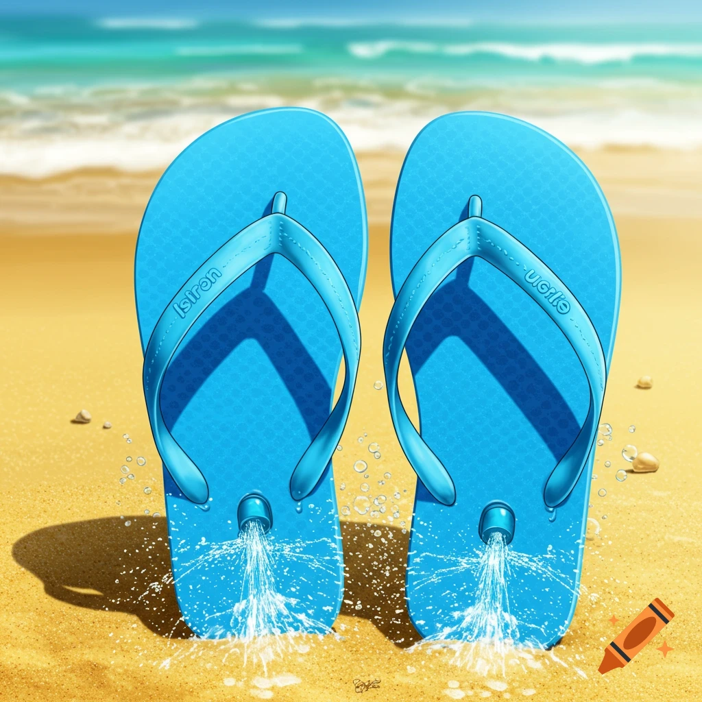 Blue flip-flops squirting water on a sandy beach.
