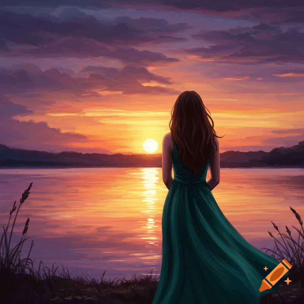 A woman is looking at a sunset over a lake with mountains in the distance.