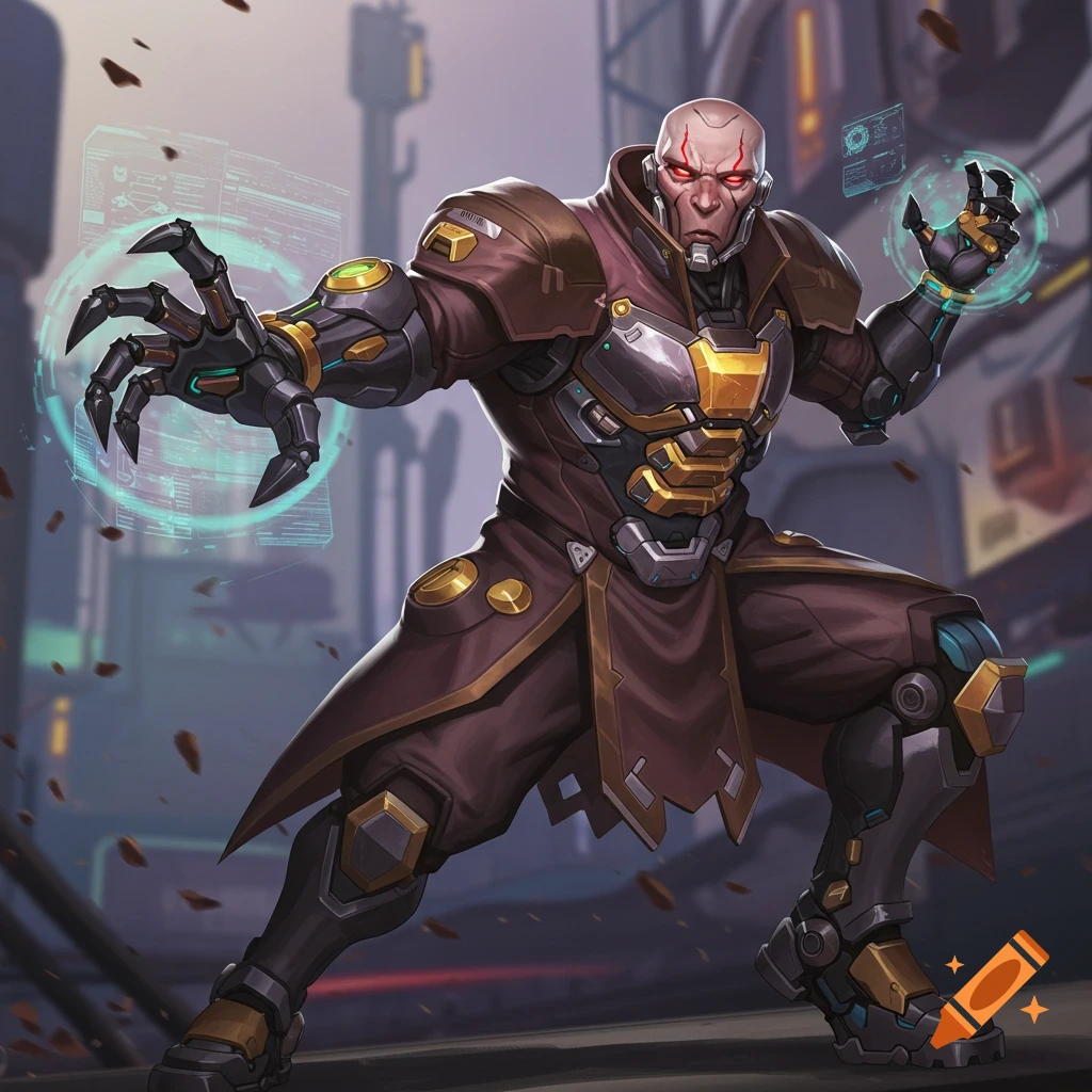 A bald, armored science fiction character with red eyes and glowing hands.