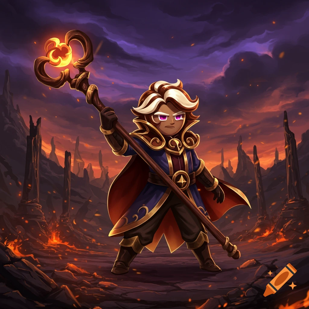 A wizard cookie holding a fiery staff in a volcanic landscape under a stormy sky.