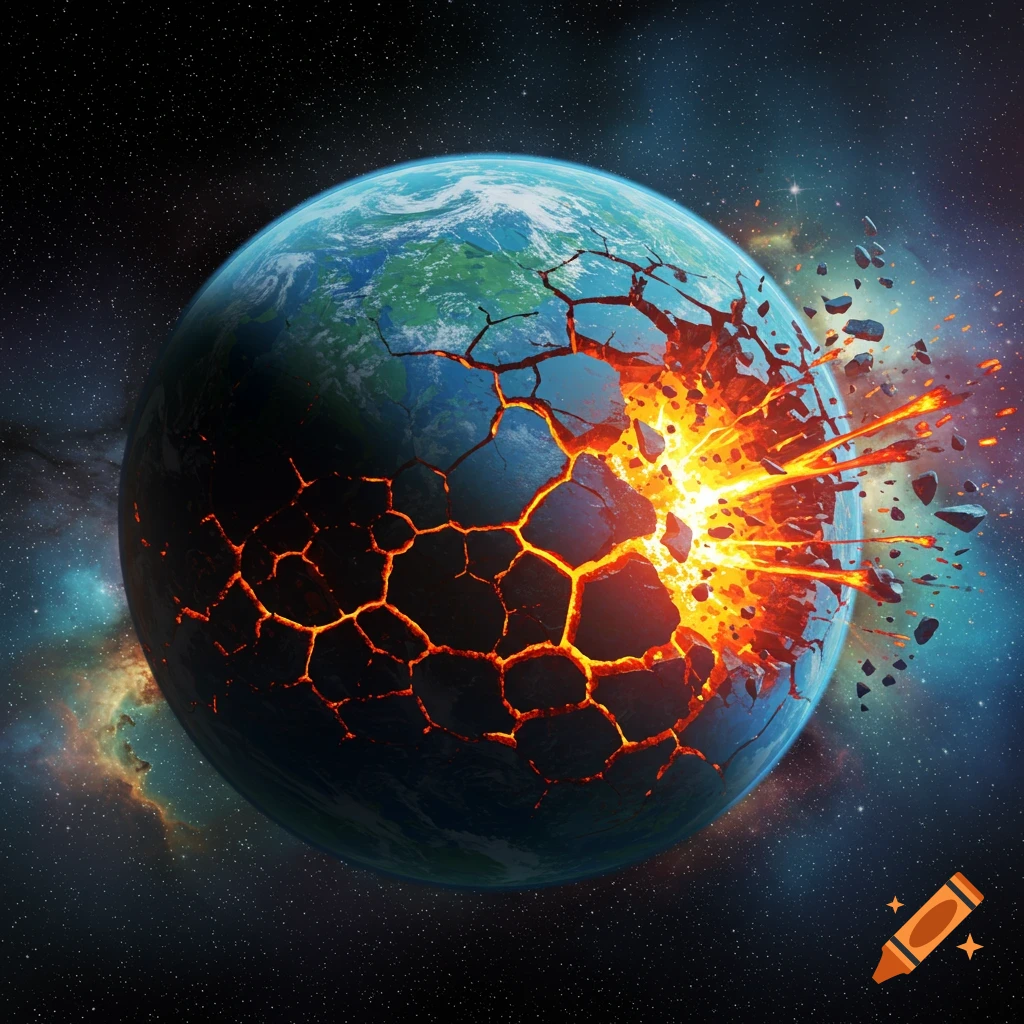 A planet cracks open with lava and debris erupting into space.