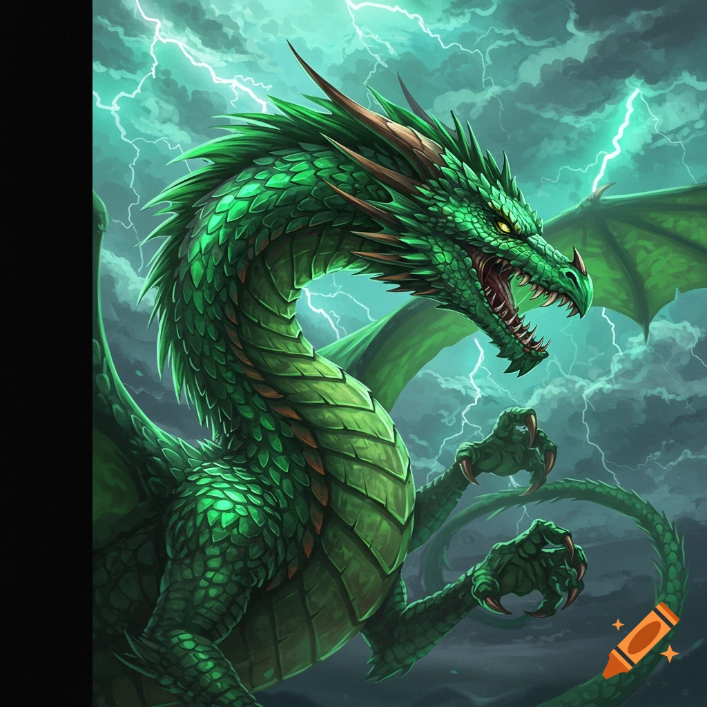 Green dragon roaring amidst lightning and stormy clouds.