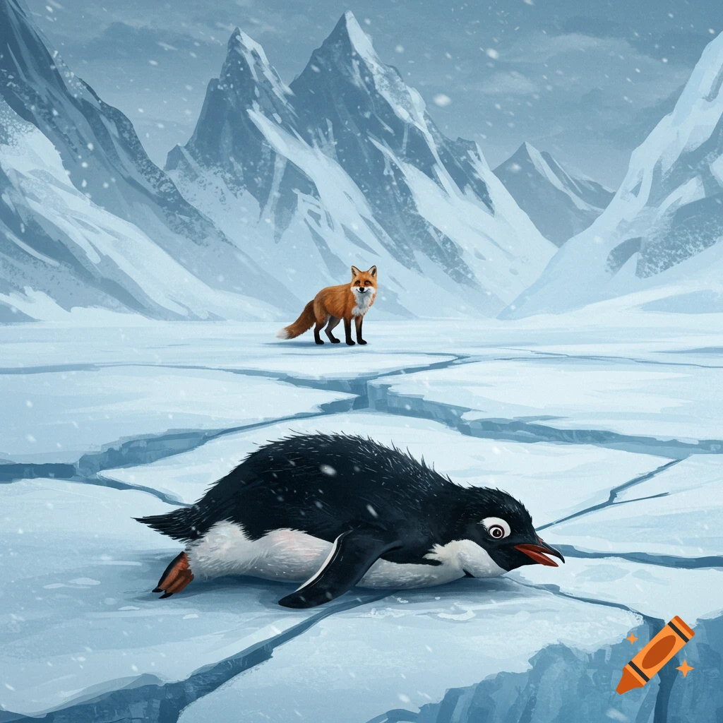 A penguin lies on cracked ice, looking scared, with a fox standing in the snowy distance and mountains behind.