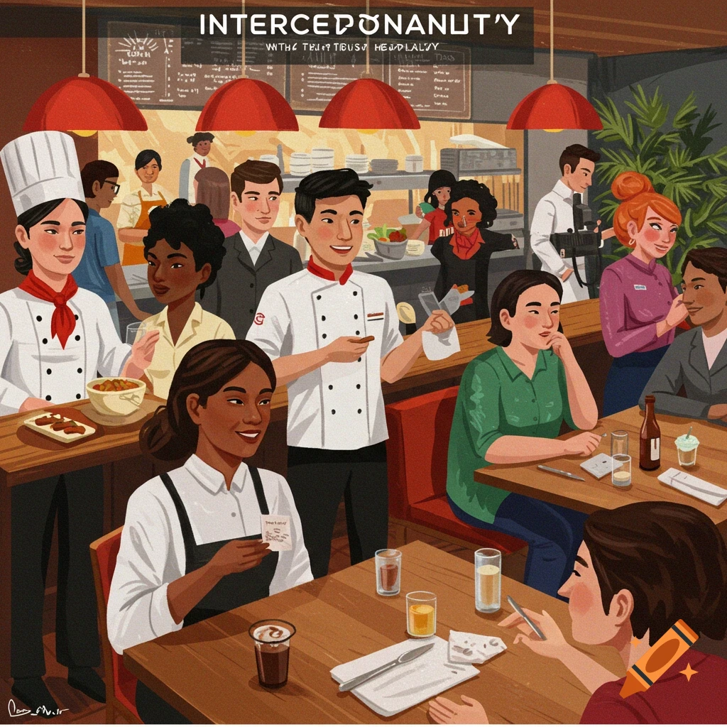 Diverse people are working and dining in a busy restaurant.