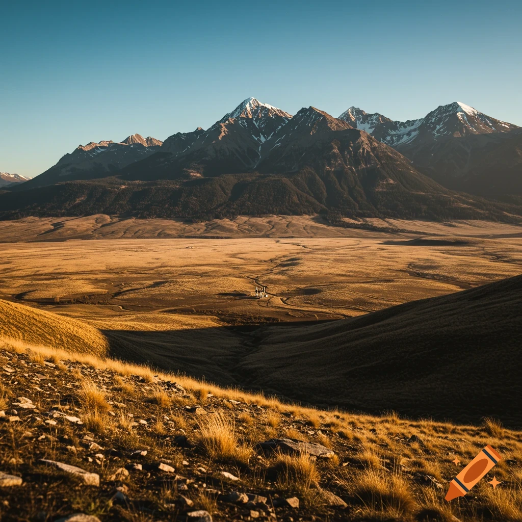 Photographic wide shot of a golden valley with rocky foreground, leading to distant buildings and snow-capped mountains under a blue sky.