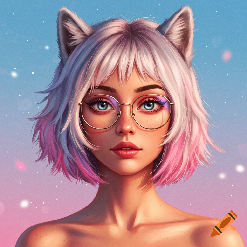 Digital art portrait of a person with cat ears, short hair, and glasses against a pink and blue sky.
