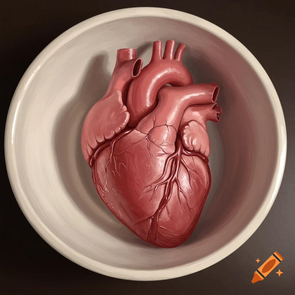 A human heart in a white bowl