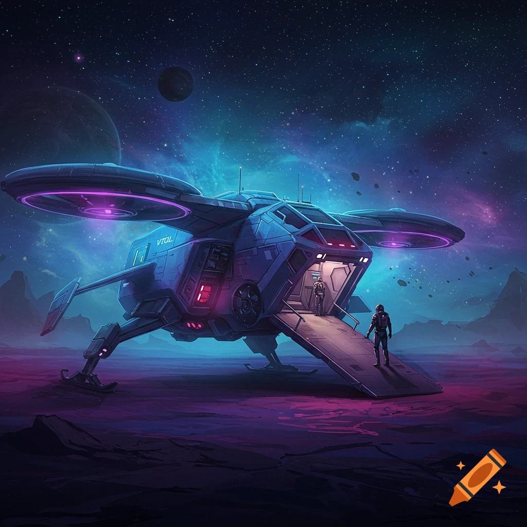 A VTOL spacecraft landed on a purple alien planet with astronauts nearby.