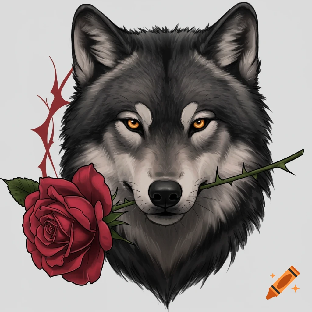 A wolf head holding a red rose stem in its mouth.
