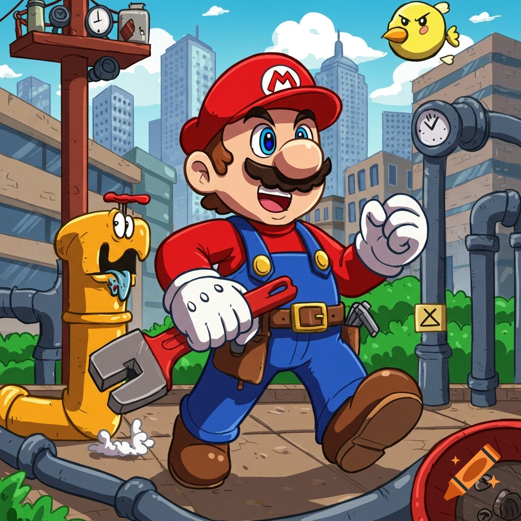 Cartoon of Super Mario holding a wrench, walking down a street with pipes, buildings, a yellow pipe creature, and a flying bird.