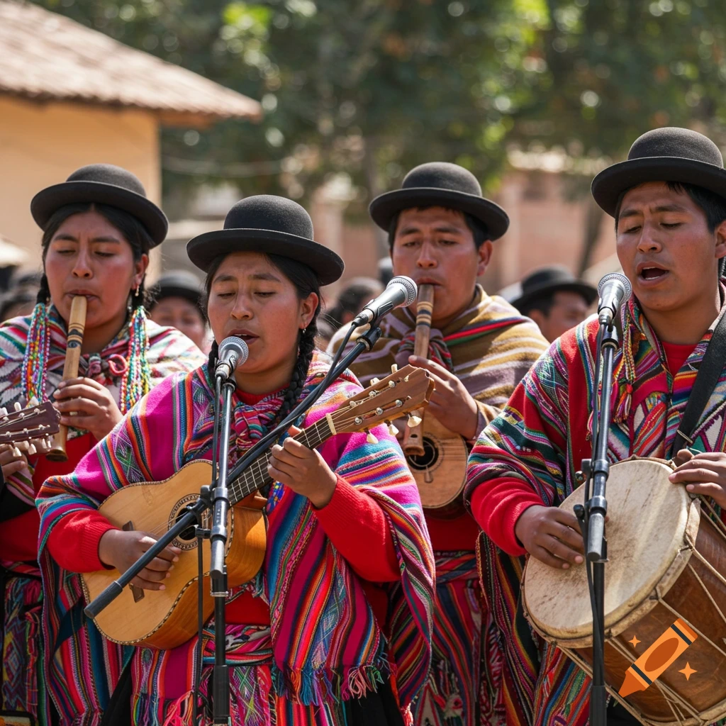 Group of people in traditional clothing playing music outdoors.