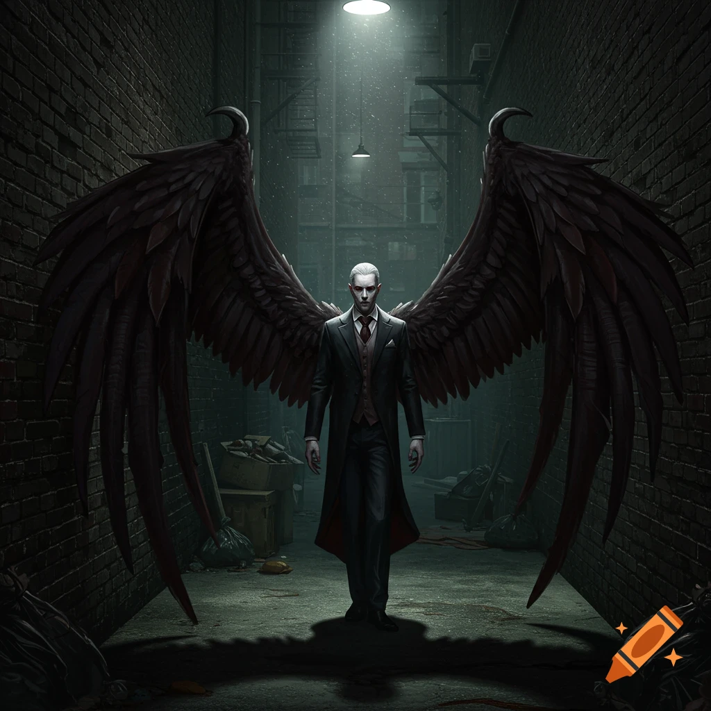A pale man in a suit with large black wings stands in a dark alley.