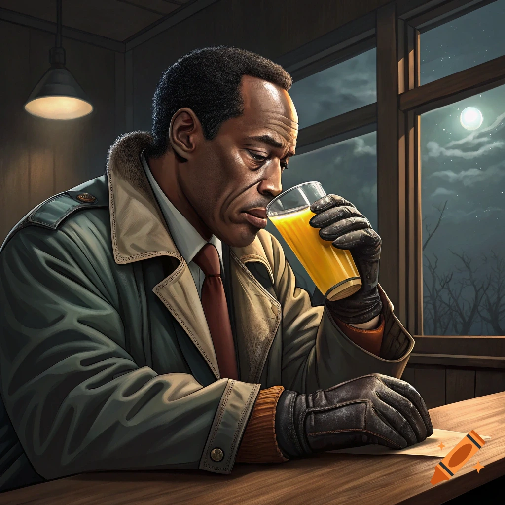 Illustration of a man in a trench coat and gloves drinking orange juice at a table at night