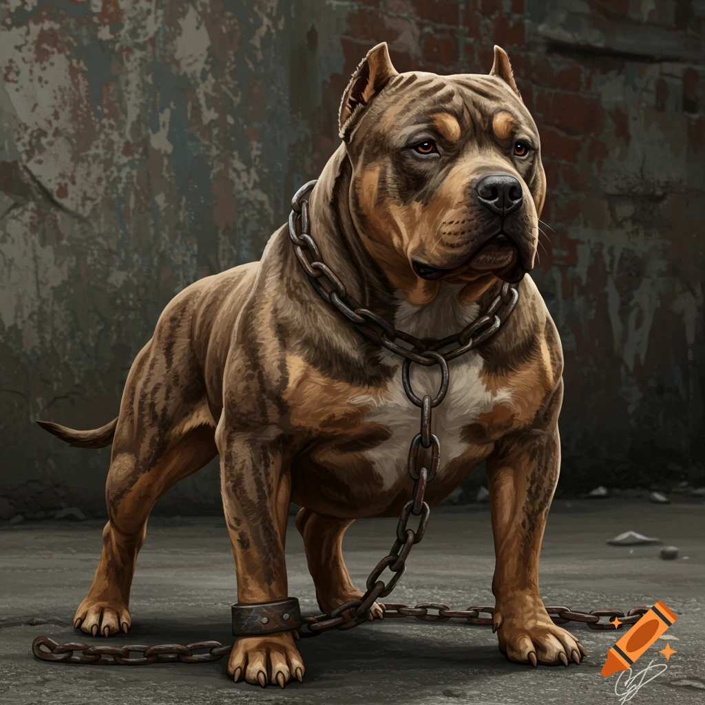 A muscular American Bully or Pitbull dog on a heavy chain.