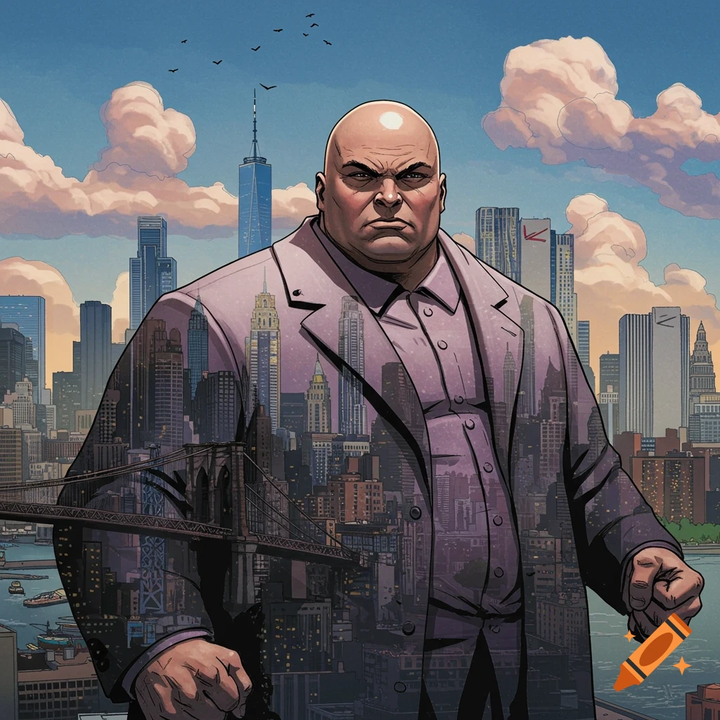 Comic art of Kingpin superimposed over the NYC skyline