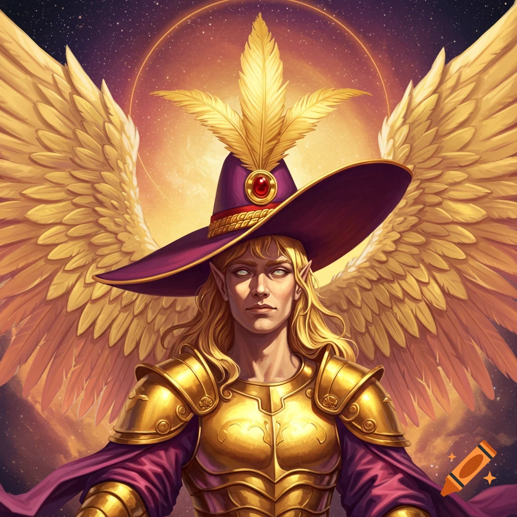 Fantasy character with golden wings, gold armor, and a purple hat against a starry sky.