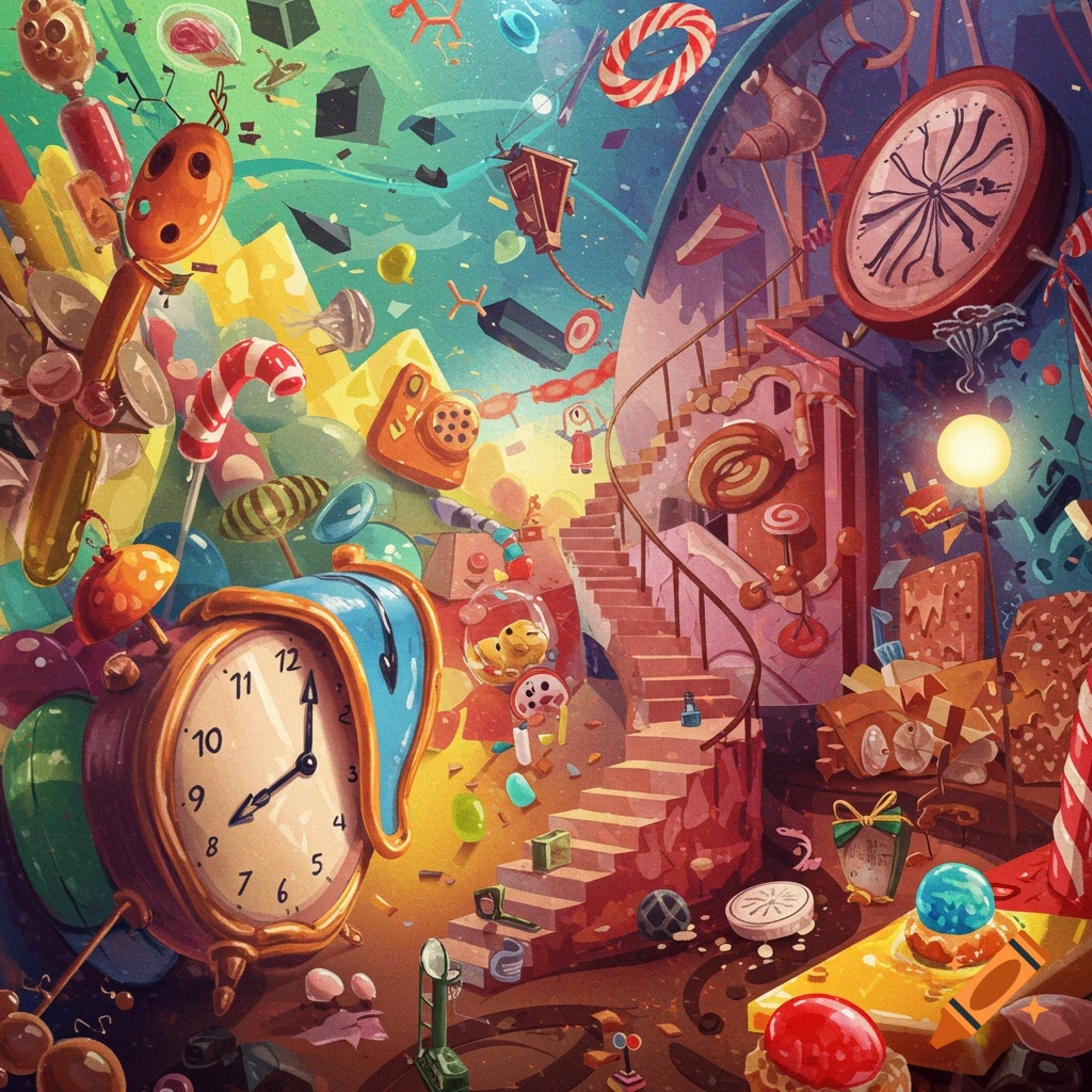 A surreal image featuring a melting clock, stairs, toys, and candy in a chaotic, colorful room.
