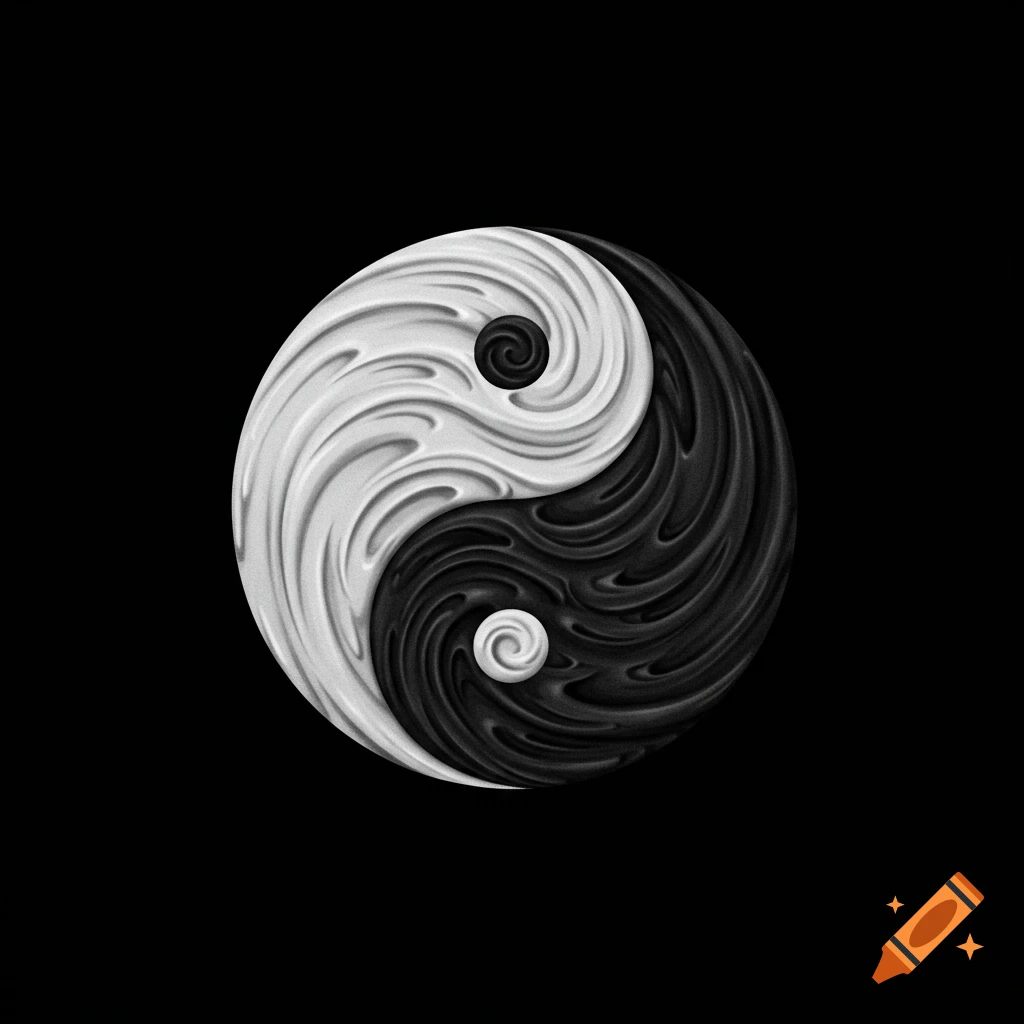 A detailed black and white yin yang symbol on a black background.