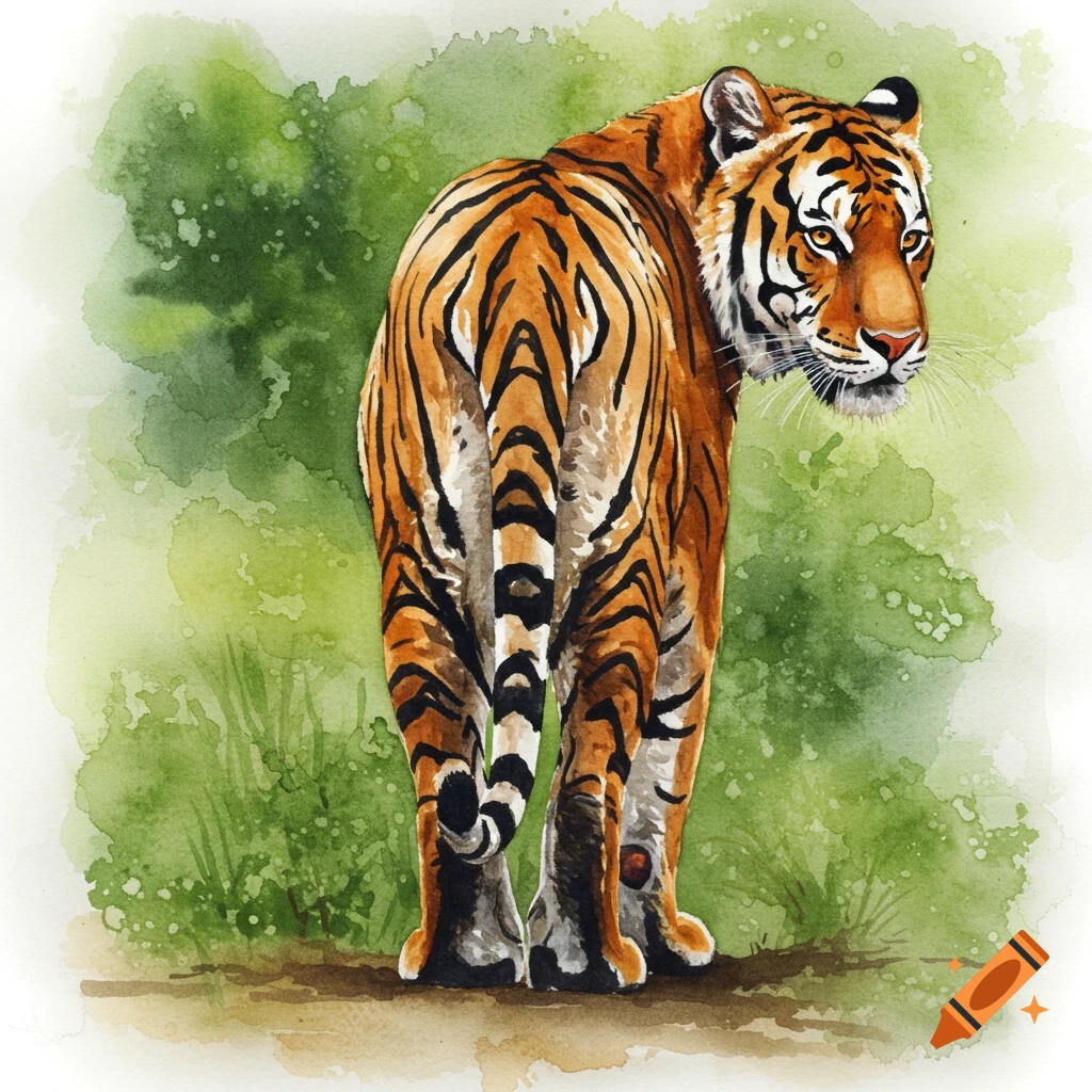 Watercolor painting of a tiger looking back over its shoulder.
