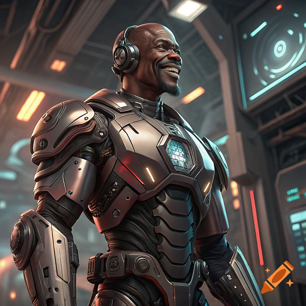 Man resembling Terry Crews in detailed futuristic armor and headphones smiles in a sci-fi setting