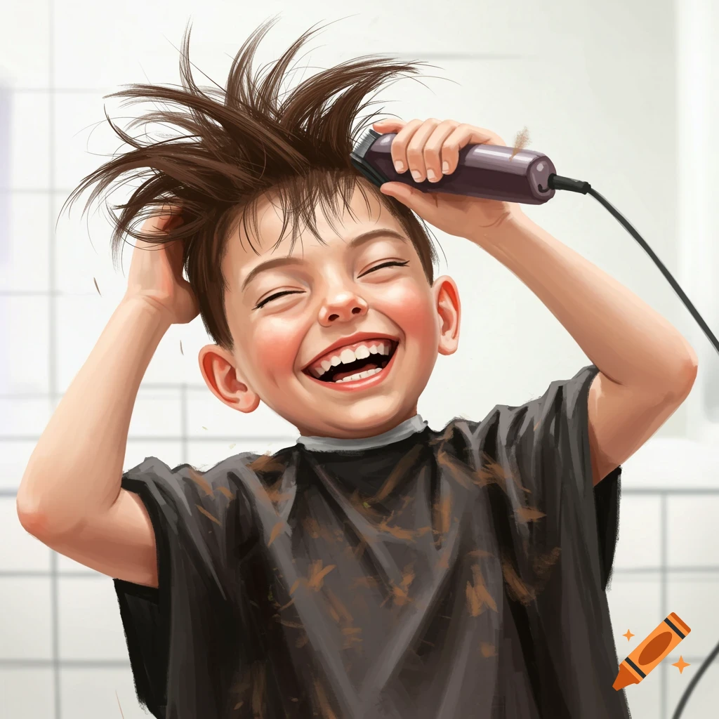 A laughing boy buzzing his own hair with clippers.