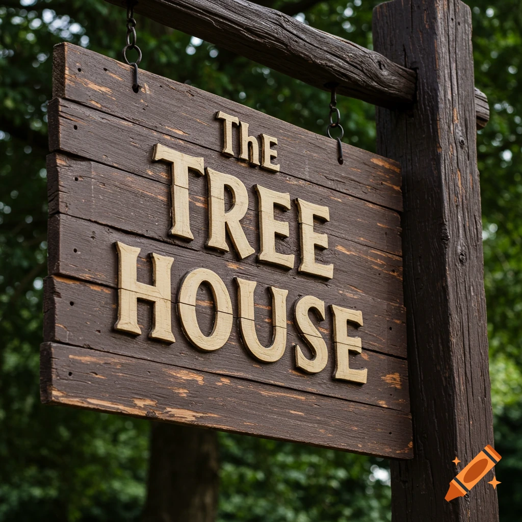 A wooden sign that reads 'THE TREE HOUSE' hanging outdoors.