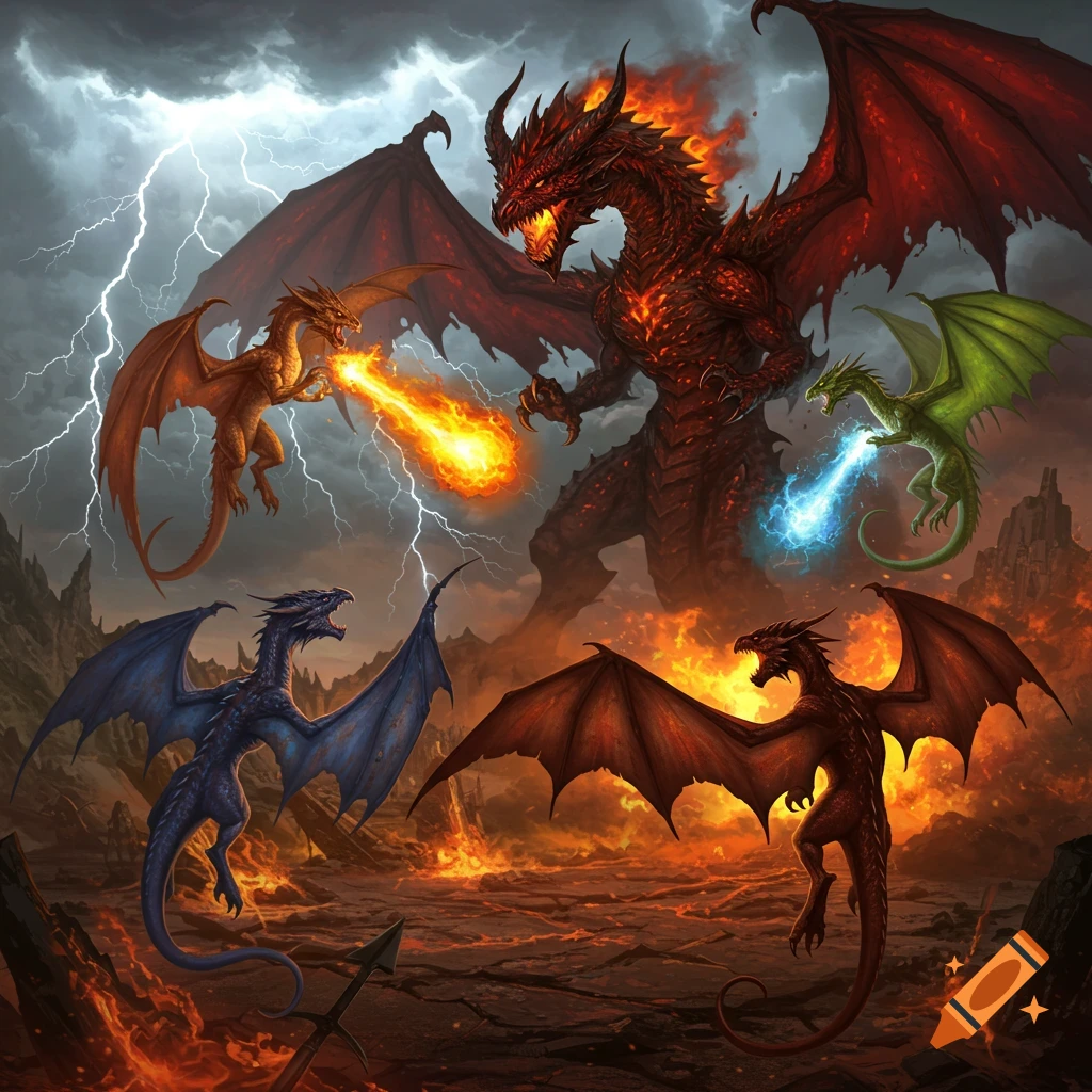 Multiple dragons battling a large red dragon in a fiery, stormy landscape.
