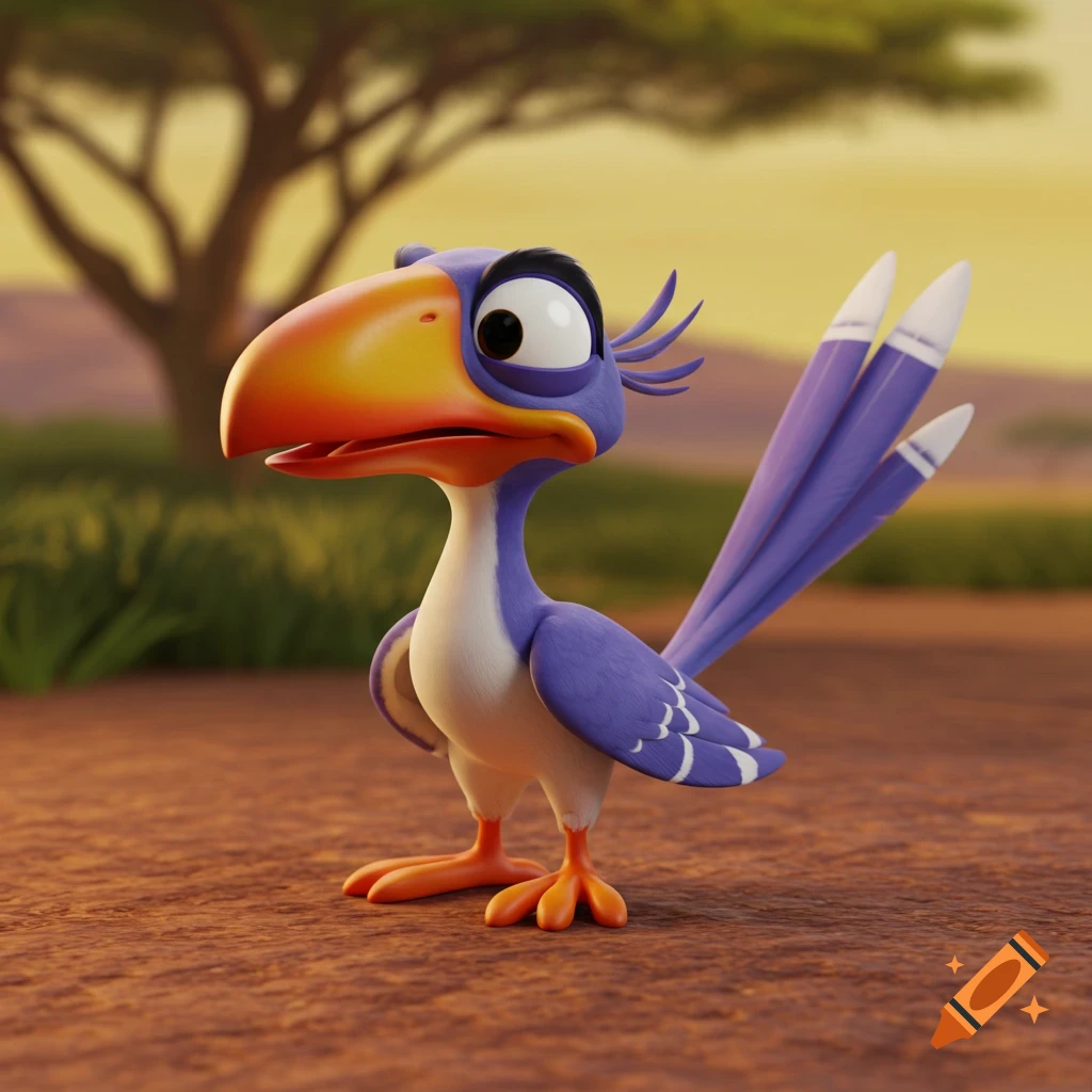 A 3D cartoon bird in a savanna setting, in a Pixar style.