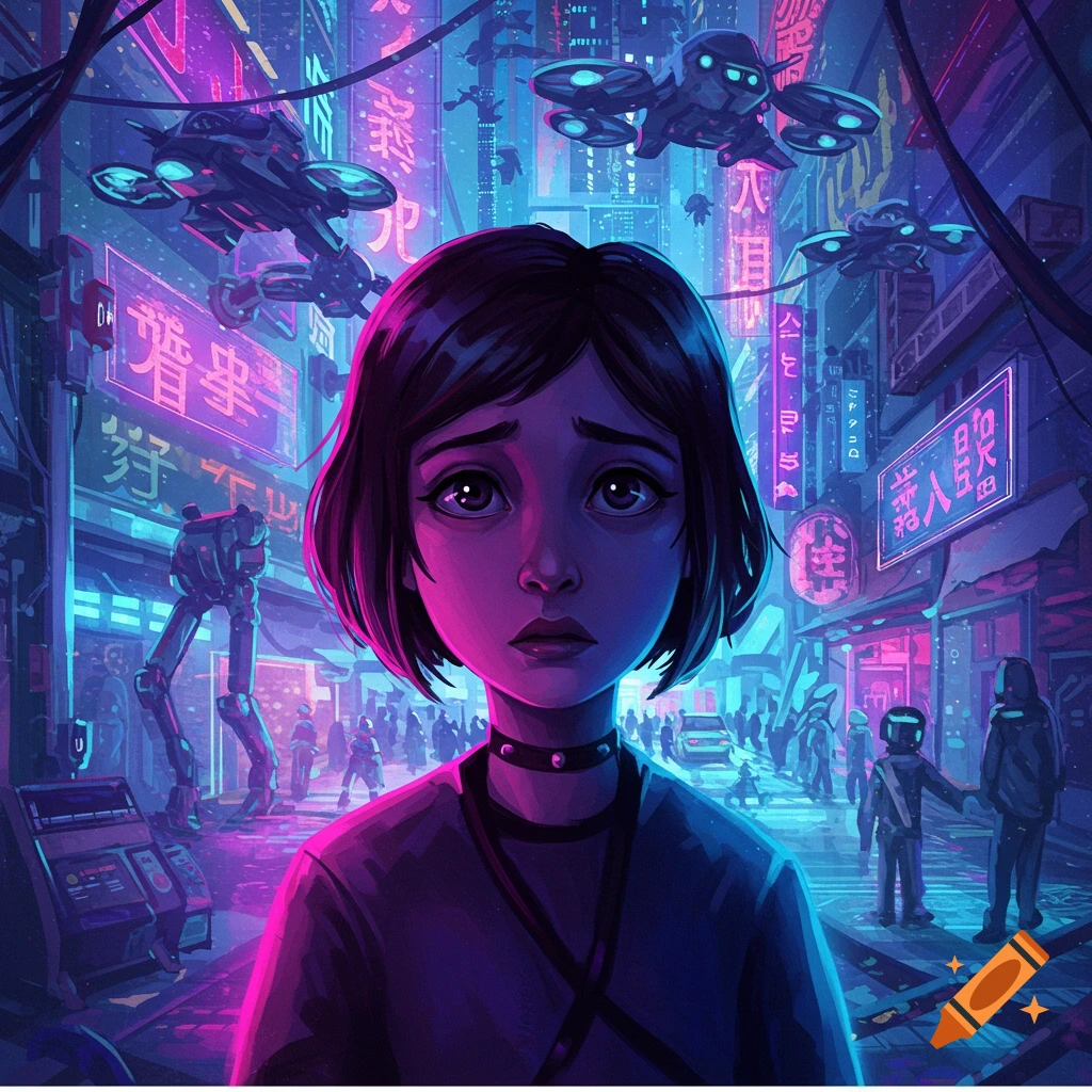 A sad young woman stands in a neon-lit cyberpunk city street with flying vehicles and robots.