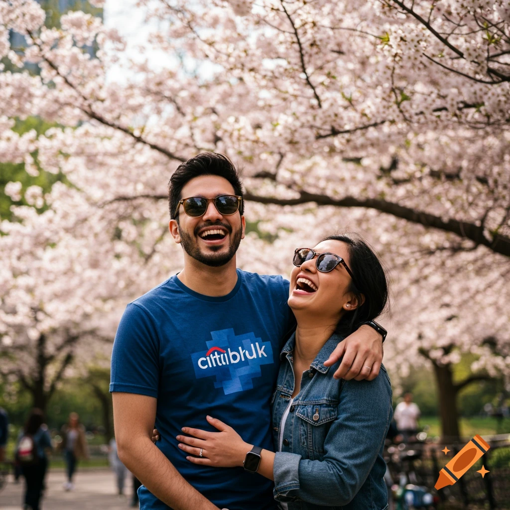 Couple laughing and hugging under cherry blossoms in a park, photorealistic style.
