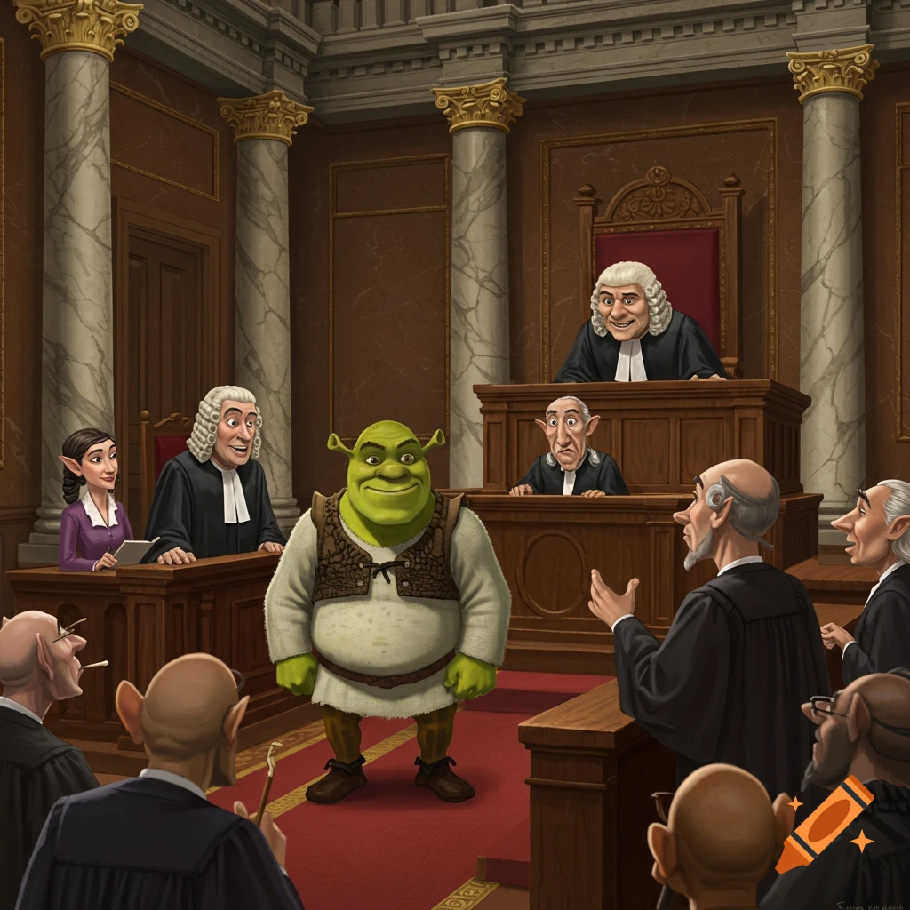 Shrek stands in a courtroom, surrounded by judges and lawyers.