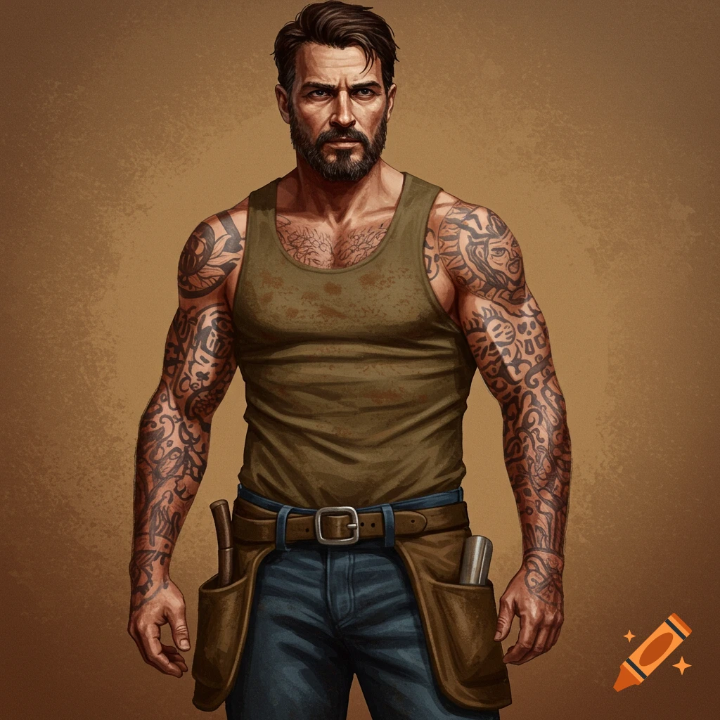 A muscular man with full arm tattoos, a beard, and a tool belt.