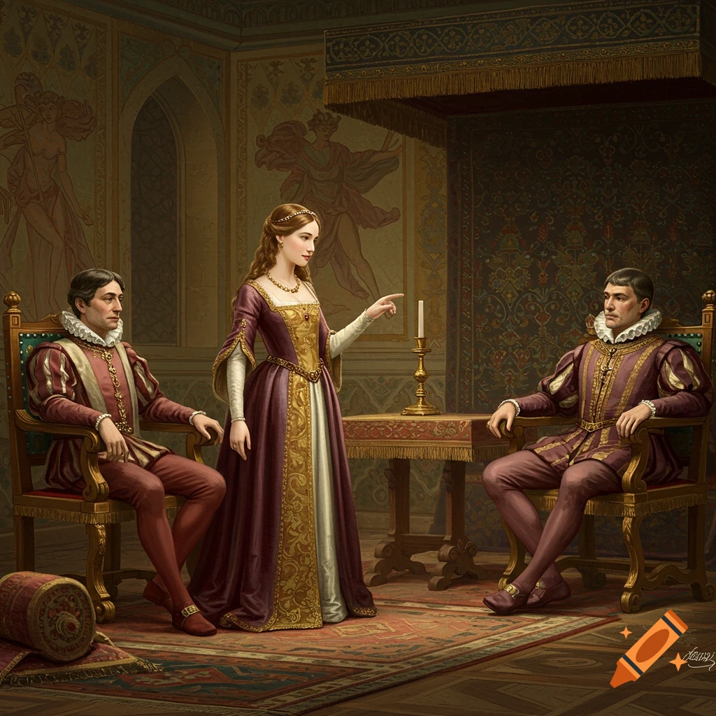 A woman points while two men sit in chairs in a detailed historical-style room.