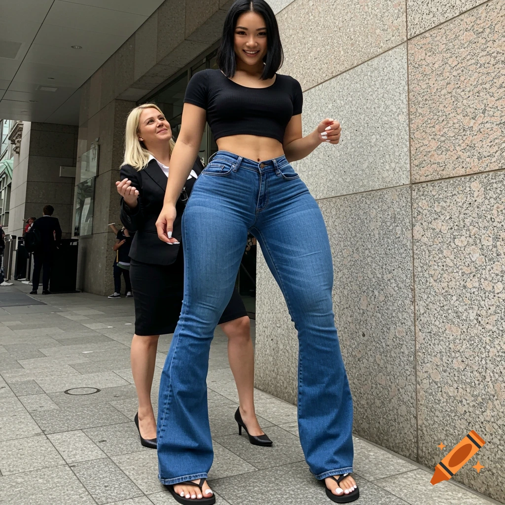 A tall woman with exaggerated proportions in a black crop top and flared jeans stands beside a shorter woman in a suit outside.