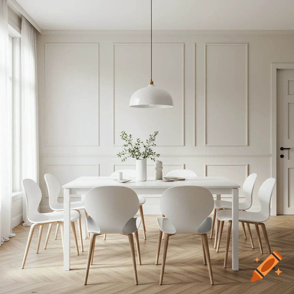Modern white dining table and chairs in a minimalist dining room.