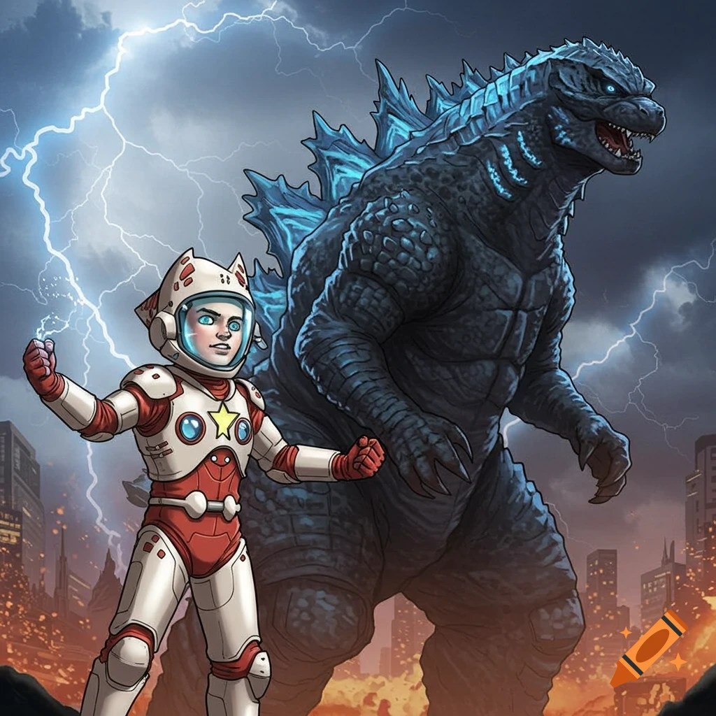 Astro Boy and Godzilla in a city under lightning.