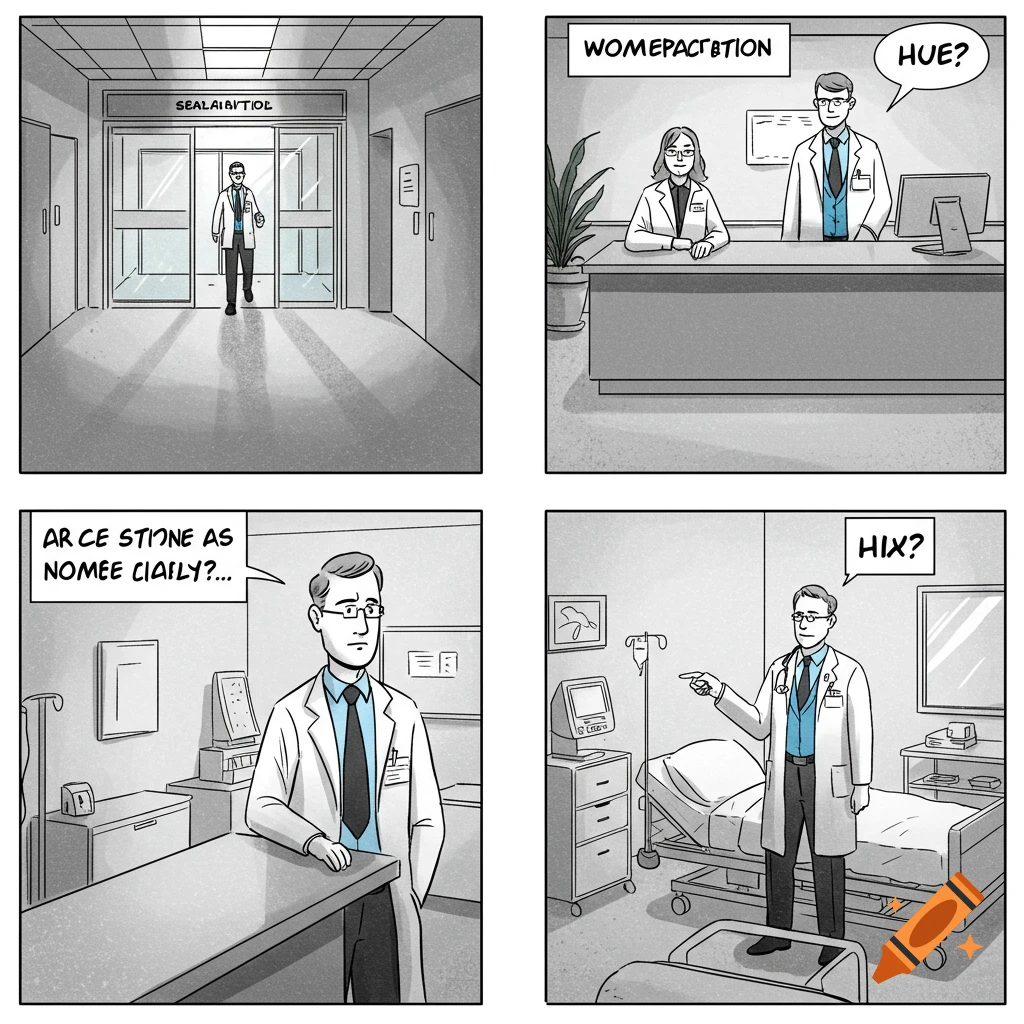 Four panel cartoon comic strip of a man in a hospital.